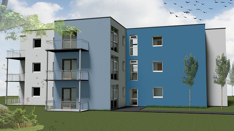 Planungsbeispiel für moderne Mikrowohnungen in Modulbauweise. Dank ihrer schnellen und sauberen Montage eignen sich modulare Raumlösungen für eine städtebauliche Nachverdichtung. 