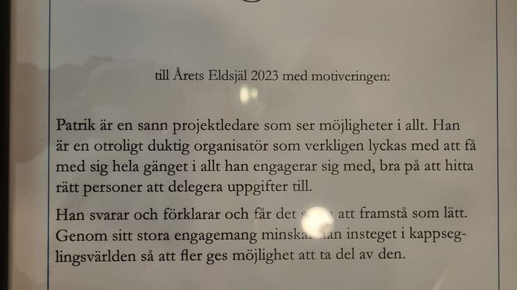 Patrik Johansson, Stenungsunds segelsällskap -årets eldsjäl 2023 - motivering