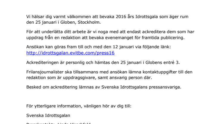 Pressinbjudan ackreditering Svenska Idrottsgalan