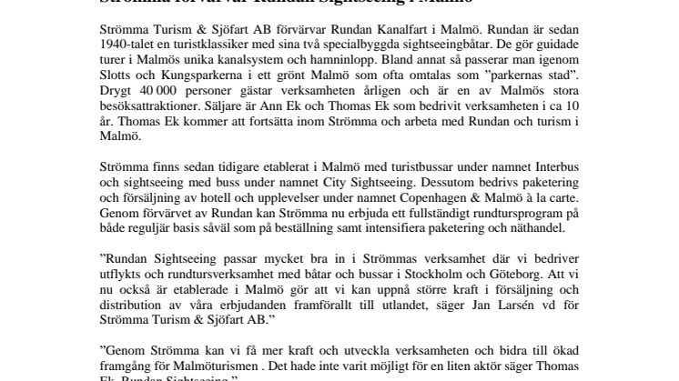Strömma förvärvar Rundan Sightseeing i Malmö