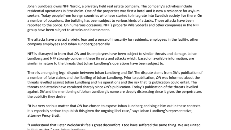 Johan Lundberg condemns threats and attacks against DN – has also been subject to such actions 