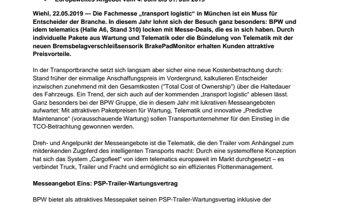 BPW macht die „transport logistic“ doppelt lukrativ: Exklusive Messeangebote für Wartung, Telematik und intelligente Bremsen