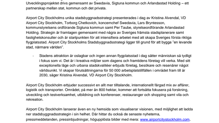 Sveriges första riktiga flygplatsstad Airport City Stockholm presenterar unik stadsbyggnadsstrategi