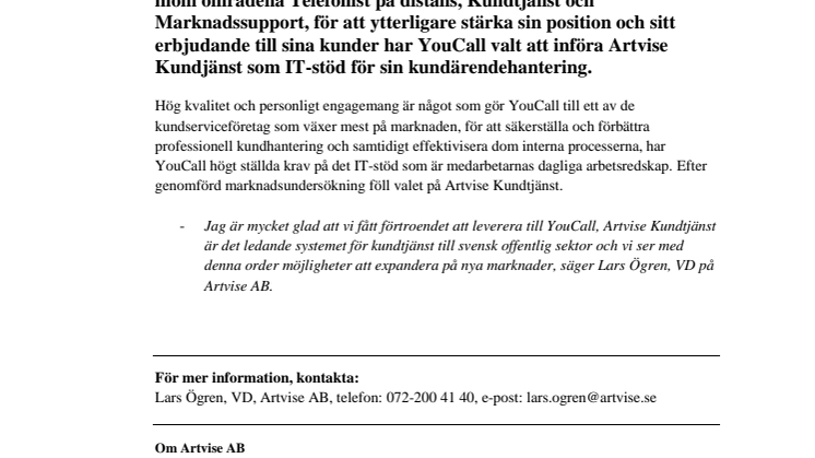 Artvise Kundtjänst till YouCall Sverige AB!