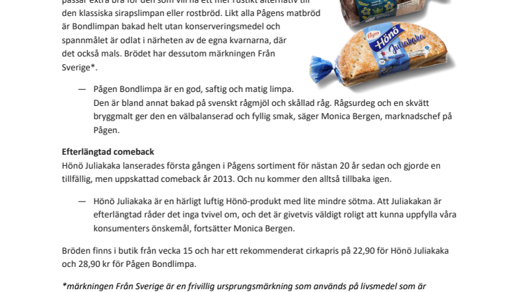 En nyhet och en comeback – Pågen lanserar rustik Bondlimpa och återinför Hönö Juliakaka