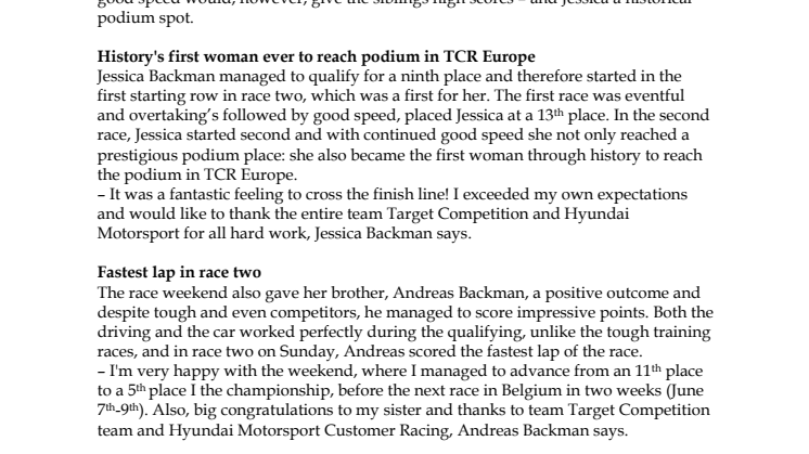 Jessica Backman reached historical podium spot 