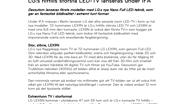 LG:s hittills största LED-TV lanseras under IFA