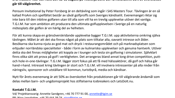 T.G.I.M. sköter Foppas marknadsföring av kändisgolftävlingen ”Pensum Invitational by Peter Forsberg”, SAS Masters Tour