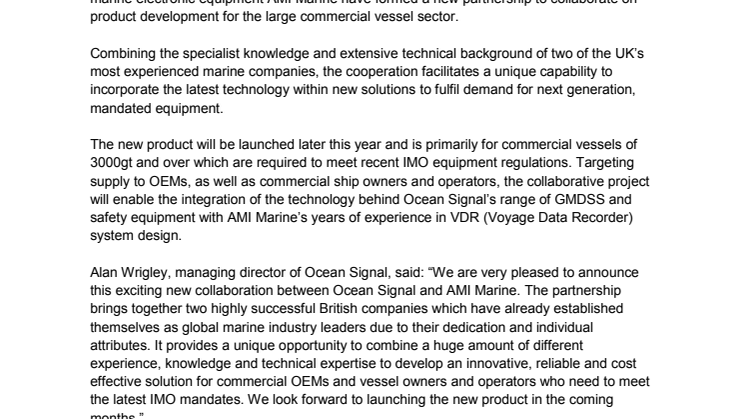 Ocean Signal: Ocean Signal and AMI Marine Announce New Partnership