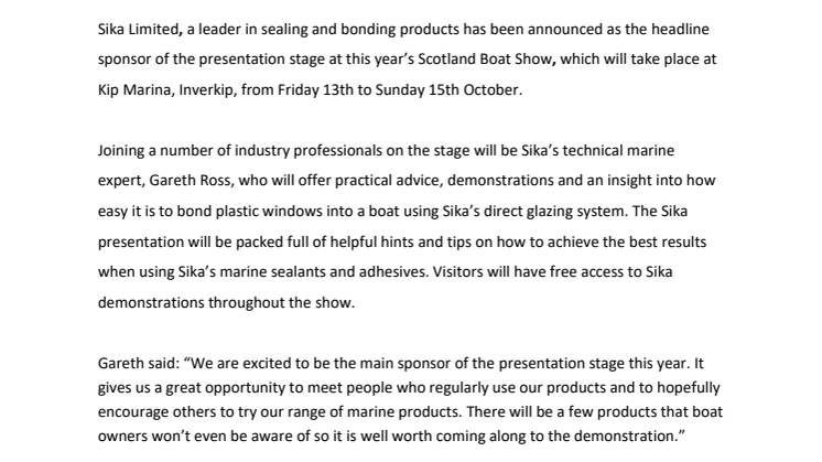 Sika Limited: Sika Announced as Stage Sponsor at Scotland Boat Show