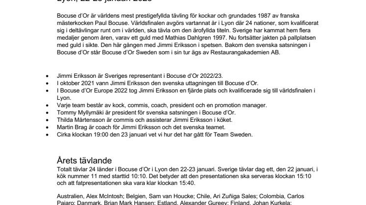Fakta om Bocuse d'Or 2023