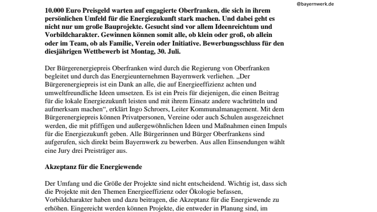 10.000 Euro für Oberfrankens Energiehelden - Bewerbung für Bürgerenergiepreis bis 30. Juli