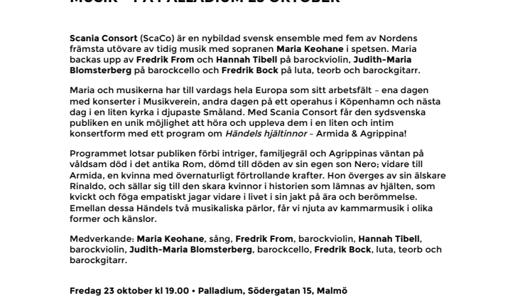 Scania Consort – nybildad svenska ensemble inom tidig musik – på Palladium 23 oktober
