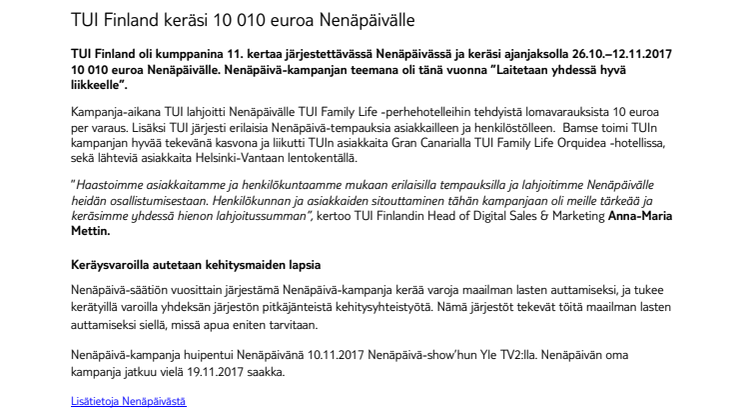 TUI Finland keräsi 10 010 euroa Nenäpäivälle