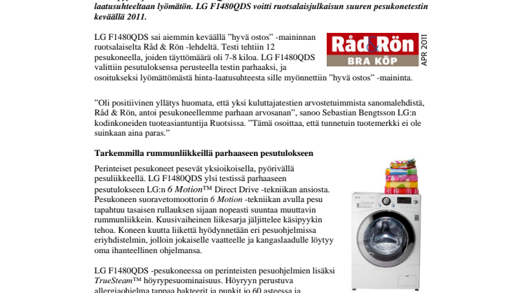 LG:n älykäs pesukone on pesutulokseltaan lyömätön