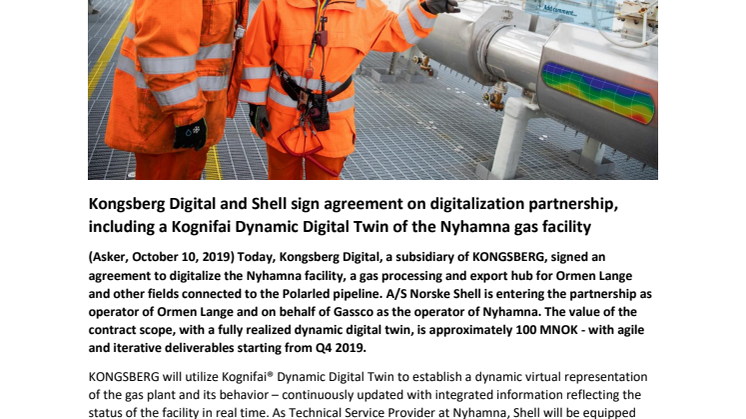 Kongsberg Digital and Shell sign agreement on digitalization partnership, including a Kognifai Dynamic Digital Twin of the Nyhamna gas facility