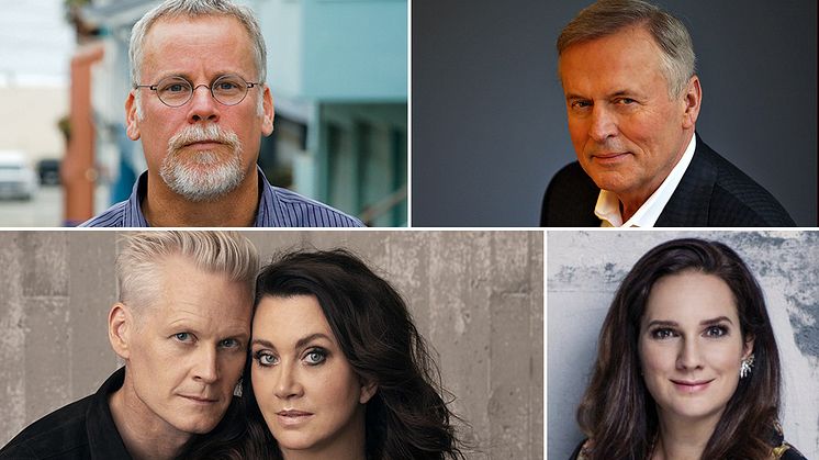 Övre raden från vänster Michael Connelly, John Grisham. Undre raden: Henrik Fexeus och Camilla Läckberg, Sofie Sarenbrant. Foton: Terrill Lee Lankford / Michael Lionstar / Elisabeth Toll / Thron Ullberg.