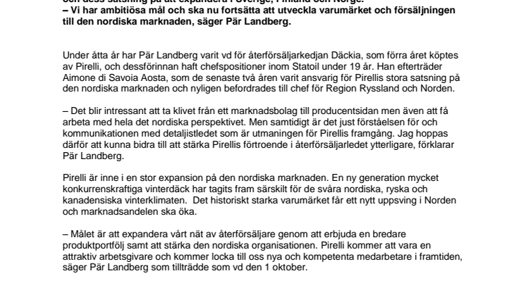 Pär Landberg ny vd för Pirelli Tyre Nordic