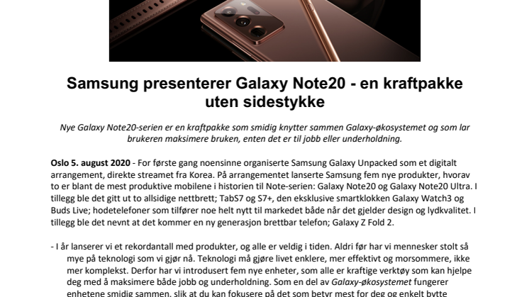 Samsung presenterer Galaxy Note20 - en kraftpakke uten sidestykke