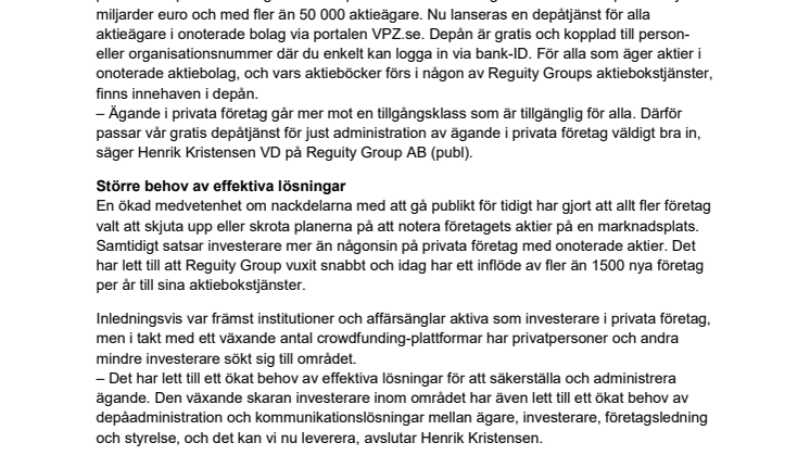 Reguity Group lanserar gratis depåtjänst