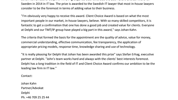 Delphi’s Johan Kahn appointed first choice in IT by in-house lawyers