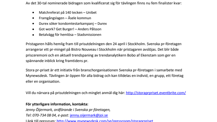 Finalisterna klara för Stora pr-priset 2012
