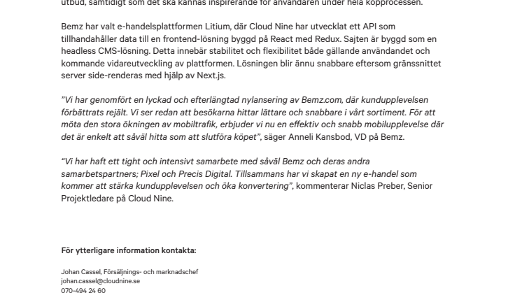 Bemz lanserar e-handel med Cloud Nine