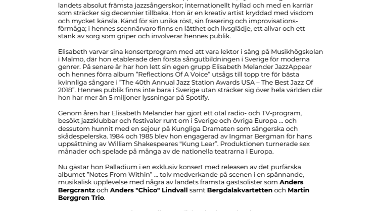 Elisabeth Melander med gästsolister i en exklusiv releasekonsert på Palladium Malmö 8 april