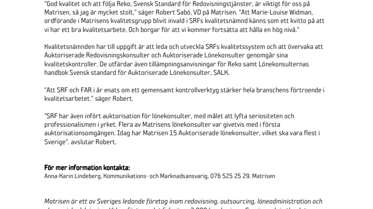 Auktoriserad Redovisningskonsult från Matrisen invald i SRF’s kvalitetsnämnd