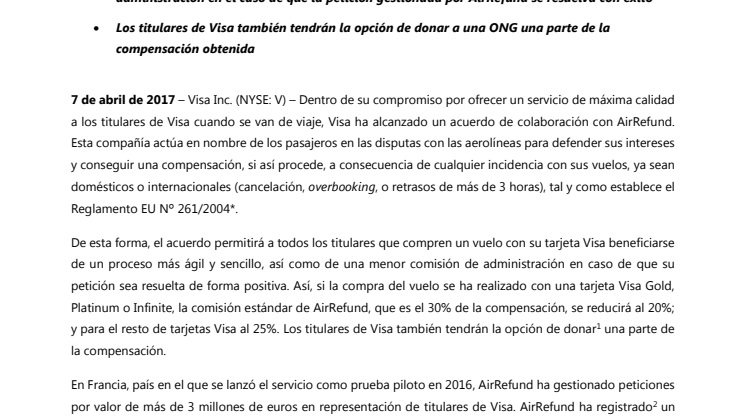 Visa amplía su colaboración con AirRefund en Europa