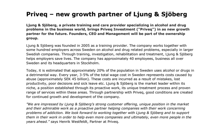 Priveq - new growth partner of Ljung & Sjöberg