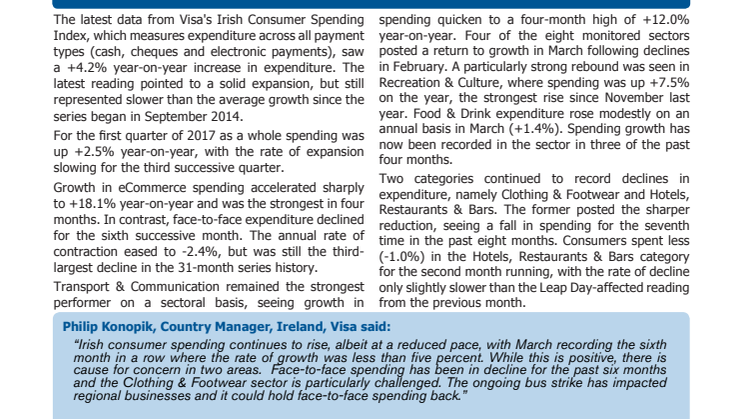 Irish consumer spending increases +4.2% year-on-year in March