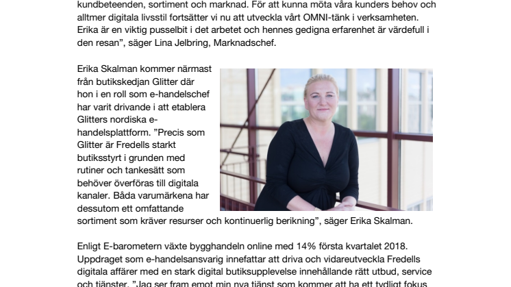 Erika Skalman blir ny e-handelsansvarig på Fredells Byggvaruhus och siktar på branschens bästa kundupplevelse