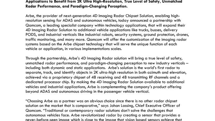 Qamcom and Arbe Collaborate to Bring the Power of 4D Imaging Radar to A Wide Variety of Industries Including Commercial and Aerial Vehicles