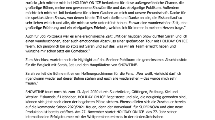 Sarah Lombardi feiert emotionalen letzten Auftritt bei HOLIDAY ON ICE Produktion SHOWTIME in Berlin