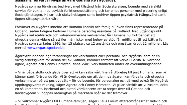 Humana förvärvar Nygårds Vård Gotland AB