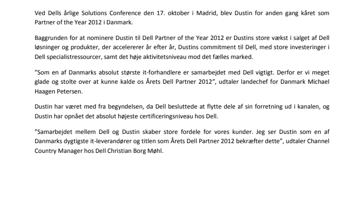 Dustin kåret som Årets Dell Partner 2012