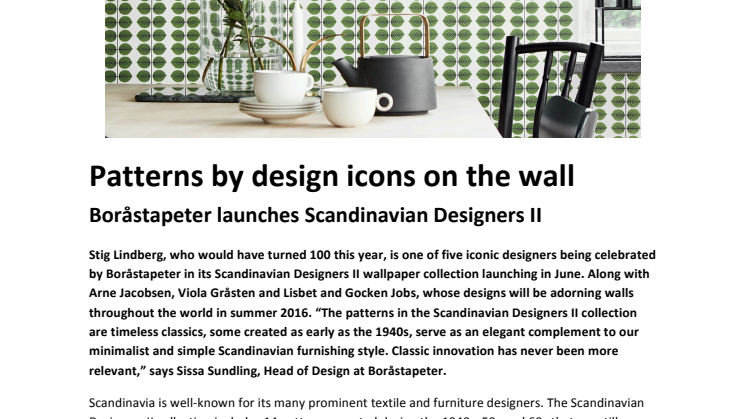 Patterns by design icons on the wall - Boråstapeter launches Scandinavian Designers II