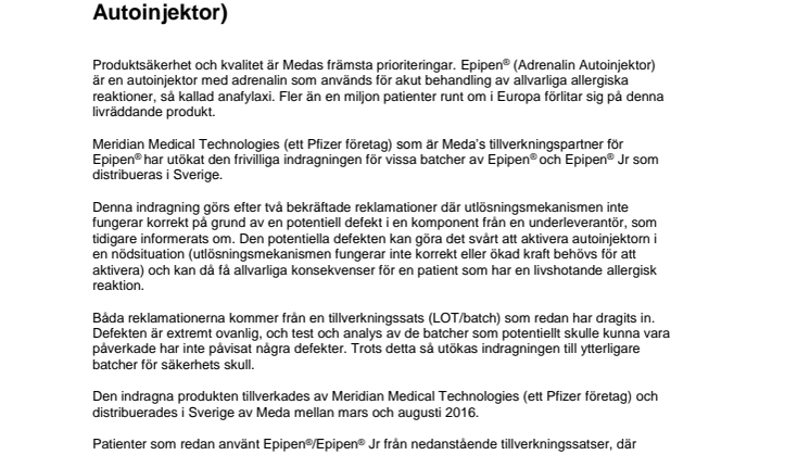 Indragning av vissa batcher av Epipen® och Epipen® Jr