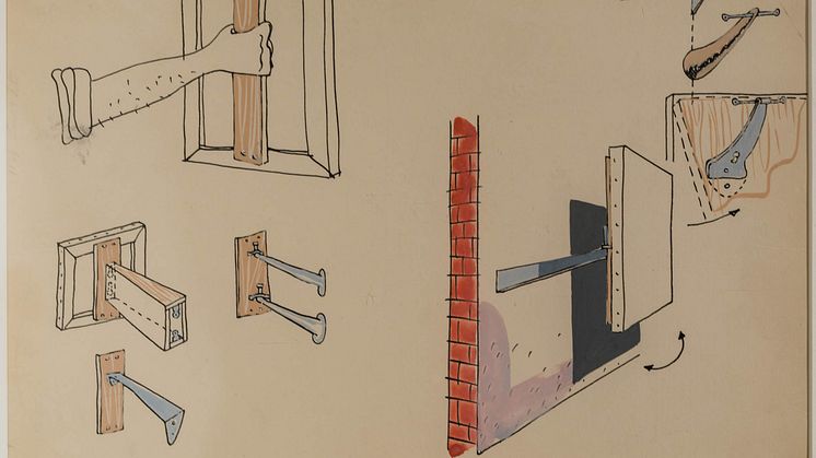 Frederick Kiesler, Studie för olika sätt att stötta målningar, 1942. Teckning, indiabläck och gouache på papper