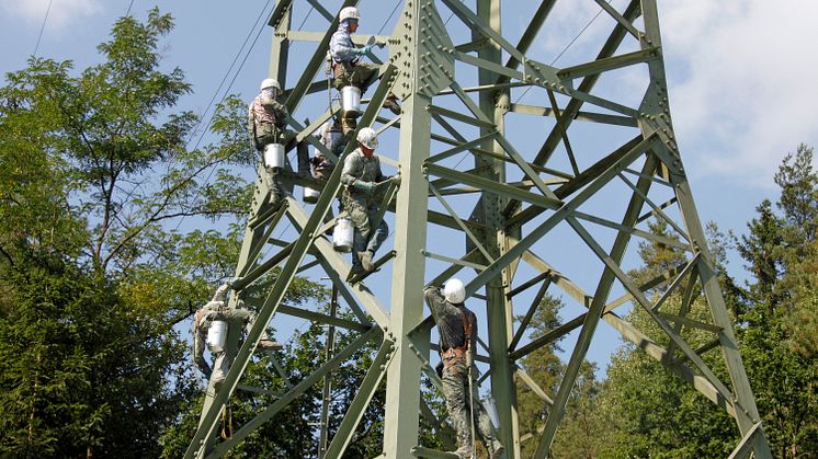Mit dem Farbeimer auf den Mast: Die Hochspannungsleitung zwischen Regenstauf und Schwandorf erhält einen frischen Anstrich. 
