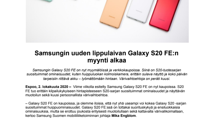 Samsungin uuden lippulaivan Galaxy S20 FE:n  myynti alkaa