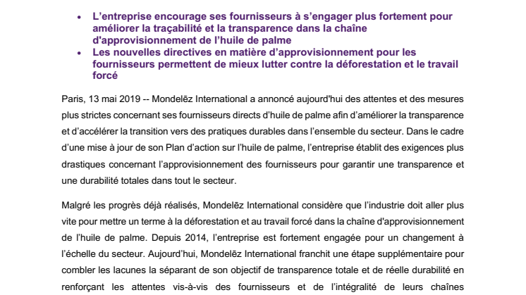 Mondelēz International met à jour son Plan d’action sur l’huile  de palme et renforce ses attentes vis-à-vis de ses fournisseurs