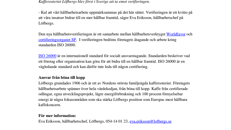 Löfbergs först med ny hållbarhetsverifiering
