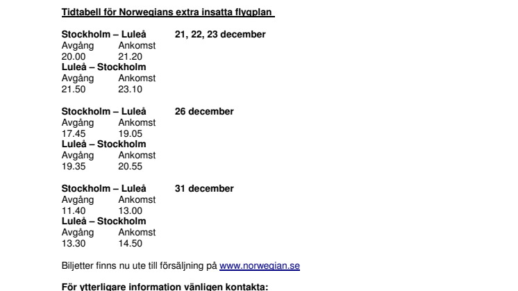 Norwegian sätter in fem extra avgångar till Luleå inför jul och nyår