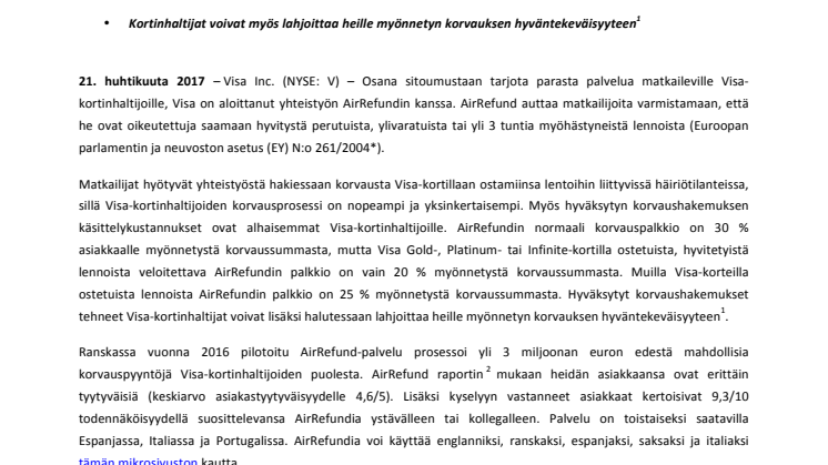 Visa laajentaa yhteistyönsä  AirRefundin kanssa koko Eurooppaan