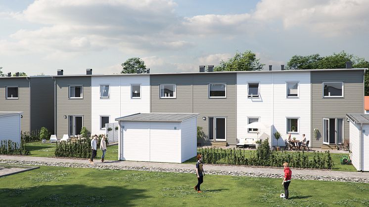 Illustration av trädgårdssida med altaner, trädgårdar och gemensamma grönytor, BoKlok Neptunus i Fullerö hage, Uppsala. 