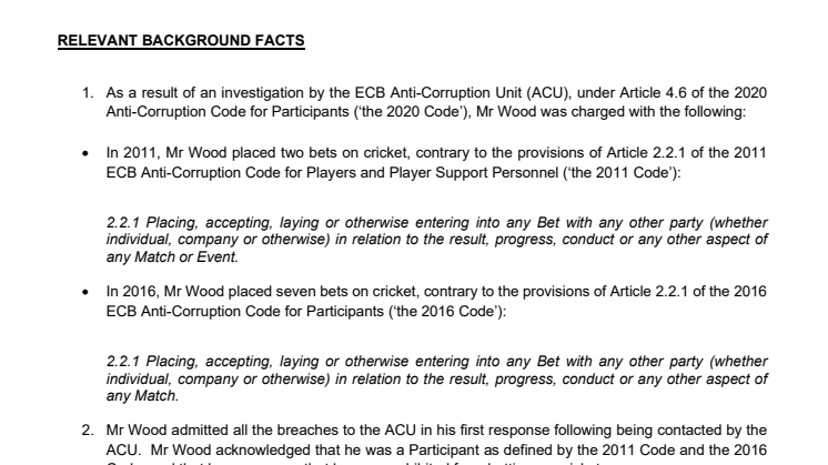 Chris Wood receives suspended ban following ECB investigation
