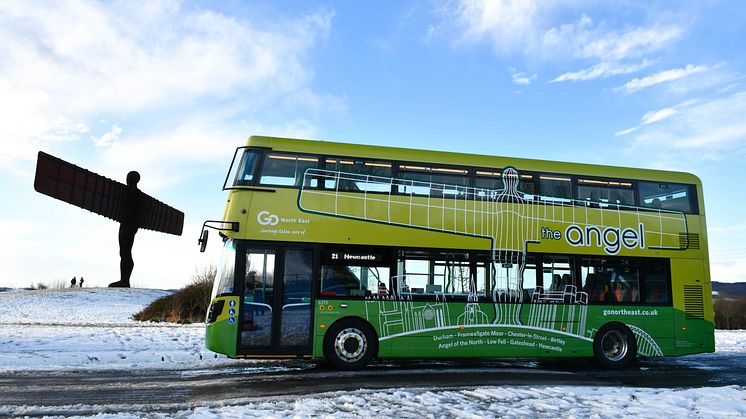 The new Angel 21 bus next to the iconic Angel of the North - which is 20 this year.