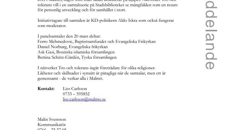 Stadsbiblioteket i Malmö: Tro och tolerans – samtalsserie om religion och mångfald